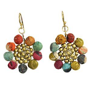 Fair Trade Sunflower Boho Drop Earrings Upcycled Kantha Fabric Handmade Recycled